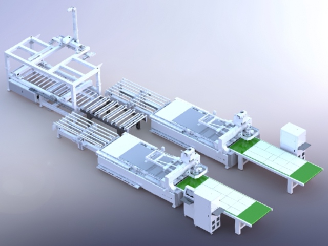 Línea de producción de muebles a medida M12(1+2) con carga mediante grúa pórtico.